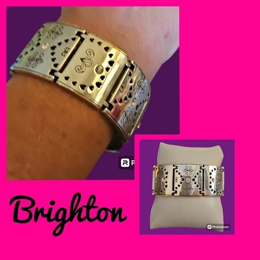 BRIGHTON Fleur De Lis Heart Engraved Crystal Chunky Wide Western Bracelet